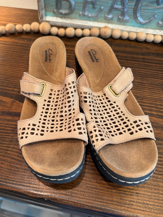 Clarks Shoes - Clarks Collection Leather Slide Sandals Beige Cutout Comfort Wedge Size 7M